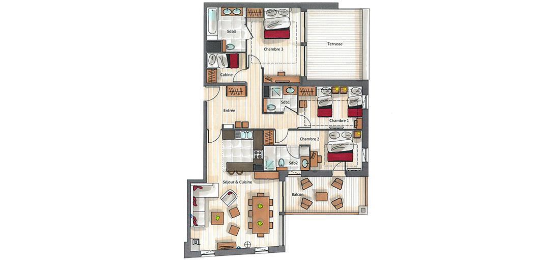 Vacances en montagne Appartement 4 pièces cabine 6-8 personnes (C04) - Keystone Lodge - Courchevel - Plan