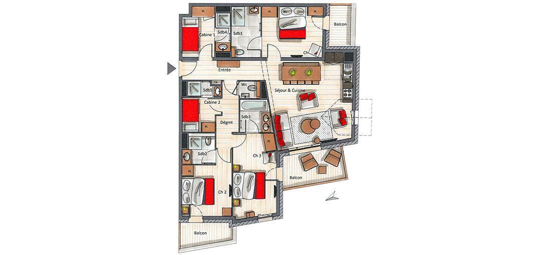 Wakacje w górach Apartament 5 pokojowy kabina 8-10 osób (A06) - Le C - Courchevel - Plan