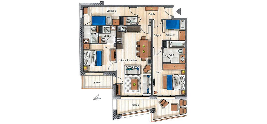 Vacances en montagne Appartement 4 pièces cabine 6-8 personnes (A07) - Le C - Courchevel - Plan