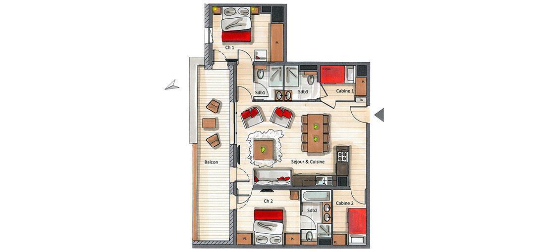 Vacances en montagne Appartement 4 pièces cabine 6-8 personnes (A08) - Le C - Courchevel - Plan